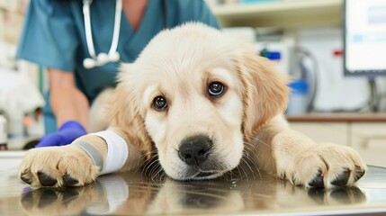An Adorable Golden Retriever Puppy With Clear, Innocent Eyes Lies on an Examination Table in a Veterinary Clinic&mdash;Looking Calm and Curious, Capturing a Gentle Moment of Pet Healthcare Check-Up