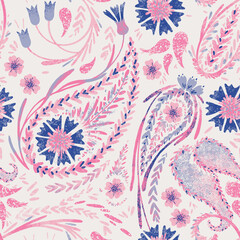 Seamless paisley pattern with cornflowers and bellflowers, pink, blue.