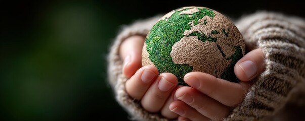 A child"s hands gently hold a small, textured globe, symbolizing care and protection for the Earth.