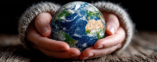 Hands gently cradle a small globe, symbolizing care and protection for the Earth and the environment.