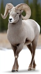 Fototapeta premium Bighorn sheep walks confidently through a snowy landscape, showcasing its impressive horns and graceful form during wintertime in the mountains