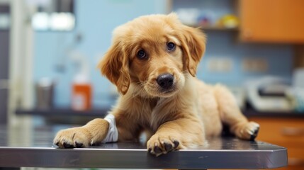 An Adorable Golden Retriever Puppy With Clear, Innocent Eyes Lies on an Examination Table in a Veterinary Clinic&mdash;Looking Calm and Curious, Capturing a Gentle Moment of Pet Healthcare Check-Up