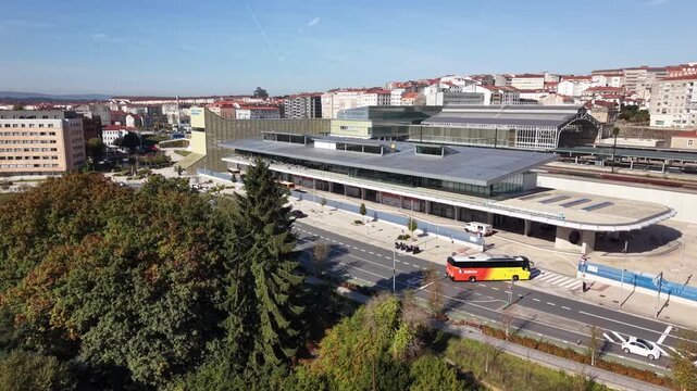 Aerial drone view of the Santiago de Compostela intermodal bus station. 4K on a sunny day. 4 of 5
