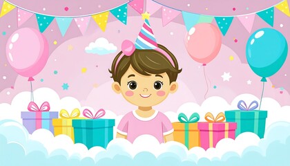 Happy child with gifts and party decorations