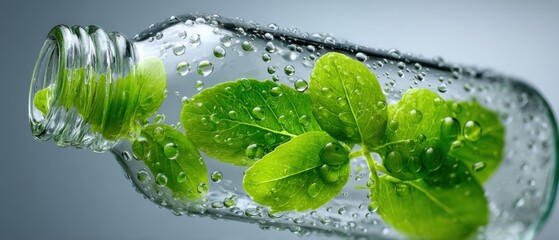 A clear glass bottle with fresh green leaves and water droplets inside, symbolizing freshness and natural purity.