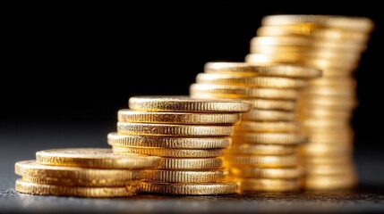 Stacks of shiny gold coins arranged in ascending order, symbolizing growth, wealth, and financial success against a dark background.