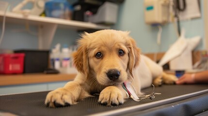 An Adorable Golden Retriever Puppy With Clear, Innocent Eyes Lies on an Examination Table in a Veterinary Clinic&mdash;Looking Calm and Curious, Capturing a Gentle Moment of Pet Healthcare Check-Up