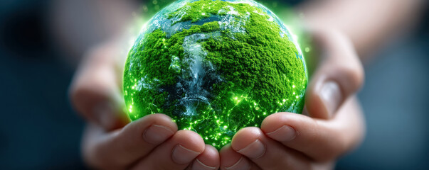 Hands gently holding a glowing, green earth, symbolizing environmental care and sustainability.