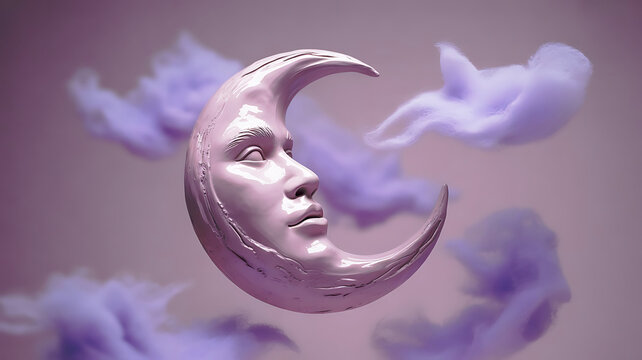 Surreal anthropomorphic crescent moon face with ethereal purple clouds