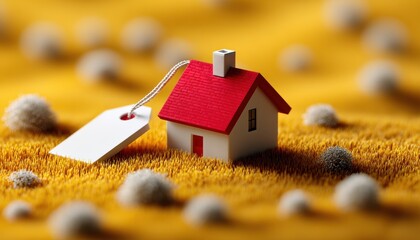 A small model house with a red roof and price tag sits on a yellow textured surface with fluffy white spheres scattered around.