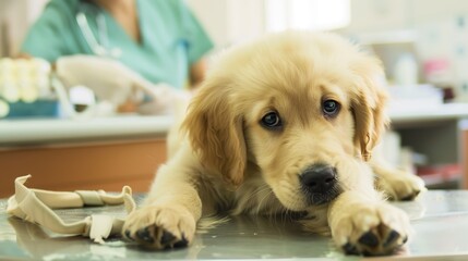 An Adorable Golden Retriever Puppy With Clear, Innocent Eyes Lies on an Examination Table in a Veterinary Clinic&mdash;Looking Calm and Curious, Capturing a Gentle Moment of Pet Healthcare Check-Up