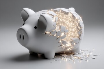 A white piggy bank is cracked open, revealing bright sparkling lights shining from inside.