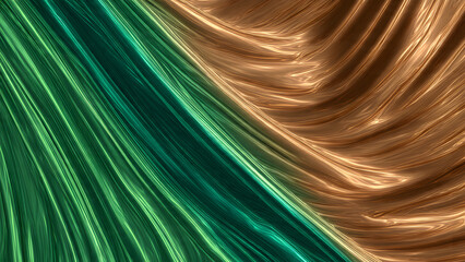 Abstract metallic fabric texture with flowing green and gold waves