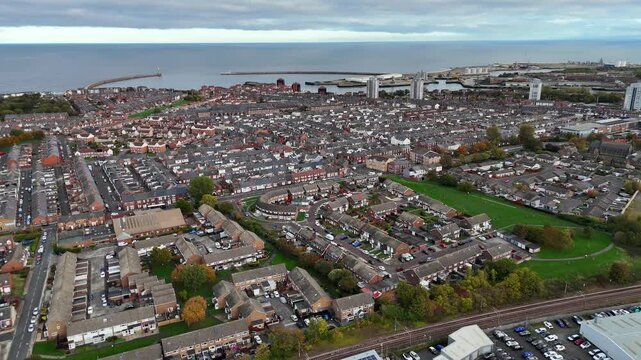 Aerial drone view sunderland north east england uk tyne and wear wearside british english town city fulwell roker seaburn stadium of light