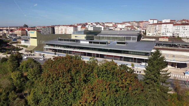 Aerial drone view of the Santiago de Compostela intermodal bus station. 4K on a sunny day. 5 of 5