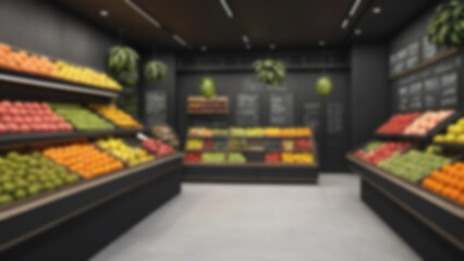 Blurred background of a modern fruit shop, displaying various kinds of fruit neatly displayed on fruit shelves.