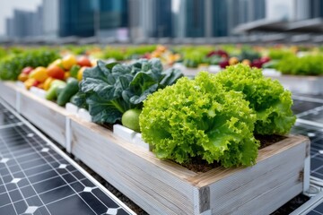 Fresh vegetables growing in raised garden beds on a rooftop with city buildings in the background.