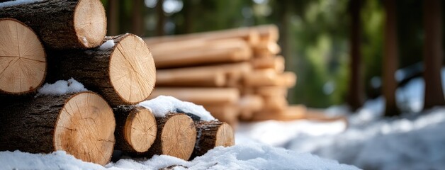Winter logging activity with freshly cut timber stacked in a snow-covered forest