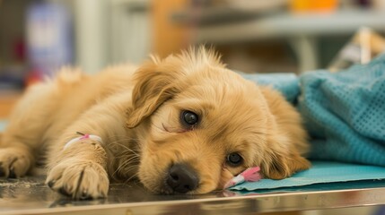 An Adorable Golden Retriever Puppy With Clear, Innocent Eyes Lies on an Examination Table in a Veterinary Clinic&mdash;Looking Calm and Curious, Capturing a Gentle Moment of Pet Healthcare Check-Up