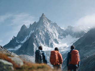 Fototapeta premium Hikers gaze at majestic snowcapped mountains, symbolizing adventure, exploration, and the allure of the great outdoors. Perfect for travel, fitness, or inspirational content.