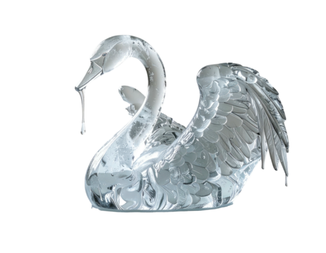 Sculptural rendering of a translucent swan with feathers and a droplet against a black backdrop