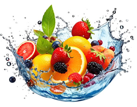 A vibrant splash of fresh fruits including oranges, strawberries, and berries emerging from water