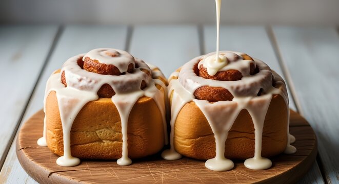 sweet cinnamon rolls drizzled glaze wooden board
