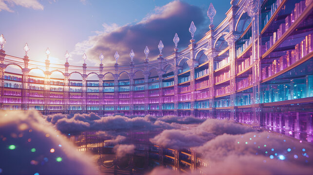 Glowing Crystal Fantasy Library Floating in Bright Pastel Clouds