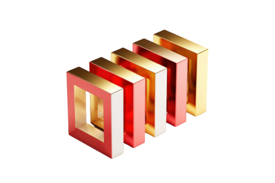 Abstract 3D design of stacked, overlapping squares in gold and red