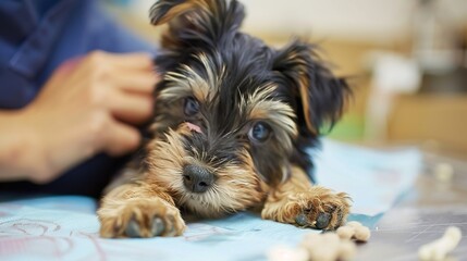An Adorable Yorkshire Terrier Puppy With Clear, Innocent Eyes Lies on an Examination Table in a Veterinary Clinic&mdash;Looking Calm Yet Curious, Capturing a Gentle Moment of Pet Healthcare Check-Up