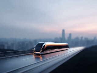 Obraz premium Sleek, futuristic train gliding through a modern cityscape at dusk. Symbolizes innovation, speed, and transportation of the future. Ideal for tech, travel, and design.