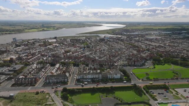 Fleetwood Seaside Urban Peninsula Reveal With Reverse Camera Flight Showing Beaches And River Wyre. Lancashire, UK.