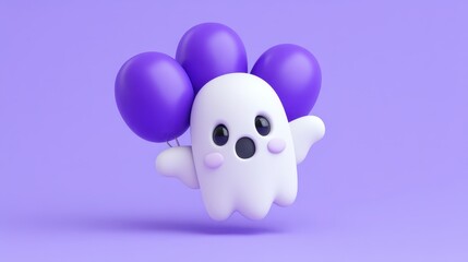 Cute Ghost Character with Purple Balloons on Vibrant Background