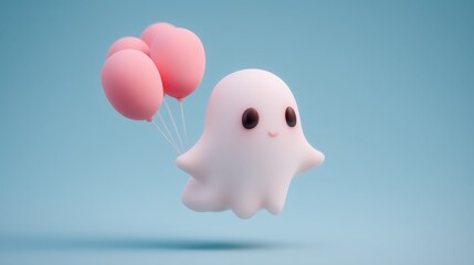Cute Ghost Character Floating with Pink Balloons in a Blue Background