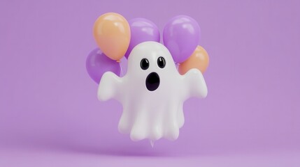 Cute Ghost with Colorful Balloons on Lavender Background