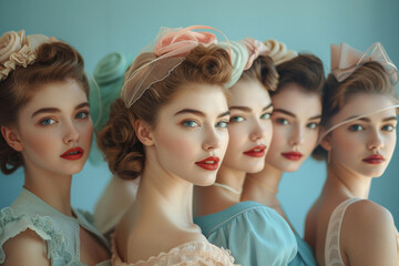 A collection of elegant women exude happiness and nostalgia in their vintage-inspired attire, set against a tranquil light blue background that effortlessly transports us to a timeless era of joy and 