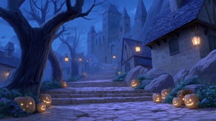 Enchanted Halloween Village with Pumpkins and Moonlight Glow