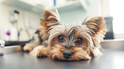 An Adorable Yorkshire Terrier Puppy With Clear, Innocent Eyes Lies on an Examination Table in a Veterinary Clinic&mdash;Looking Calm Yet Curious, Capturing a Gentle Moment of Pet Healthcare Check-Up
