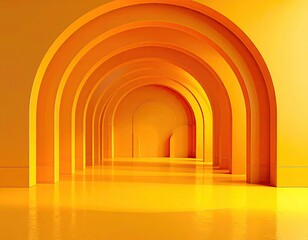 Fototapeta premium Yellow arched hallway, perspective view, glossy floor