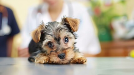 An Adorable Yorkshire Terrier Puppy With Clear, Innocent Eyes Lies on an Examination Table in a Veterinary Clinic&mdash;Looking Calm Yet Curious, Capturing a Gentle Moment of Pet Healthcare Check-Up