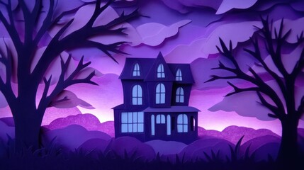 Mysterious Paper Cut House Surrounded by Dark Trees and Clouds