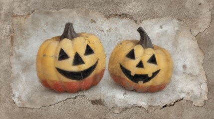 Decorative Halloween pumpkins with cheerful expressions on stone wall