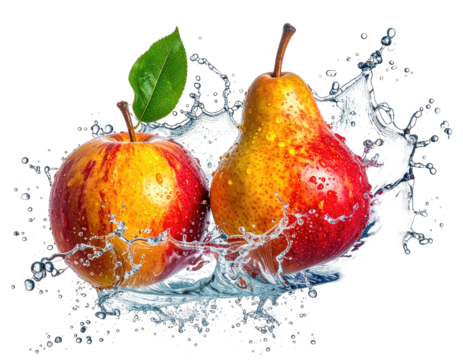 A vibrant apple and pear, surrounded by a dynamic splash of cool, clear water