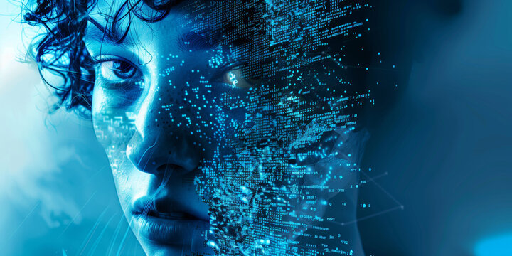 Futuristic digital portrait of human face with data