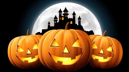 Spooky Halloween Scene with Pumpkins and Eerie Castle Background