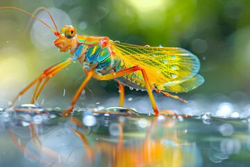 A colorful invertebrate gracefully moves on a glistening surface, its bright yellow wings reflecting the natural beauty of the outdoor aquarium in a mesmerizing display of vibrancy and grace  