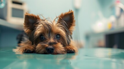 An Adorable Yorkshire Terrier Puppy With Clear, Innocent Eyes Lies on an Examination Table in a Veterinary Clinic&mdash;Looking Calm Yet Curious, Capturing a Gentle Moment of Pet Healthcare Check-Up