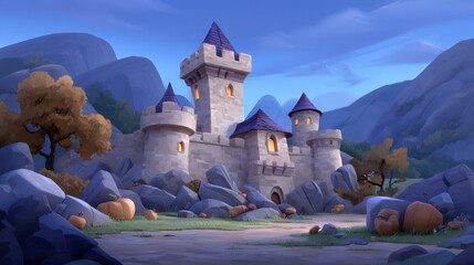 Enchanted Castle Landscape Surrounded by Autumn Pumpkins at Dusk