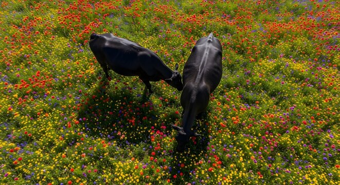 Two black cows grazing in a vibrant field of wildflowers