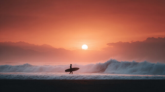 Silhouette of a surfer walking on a beach at sunset. Waves crash in the background. Evokes adventure, freedom, and the beauty of nature. Perfect for travel, sport, and lifestyle content. - Powered by Adobe